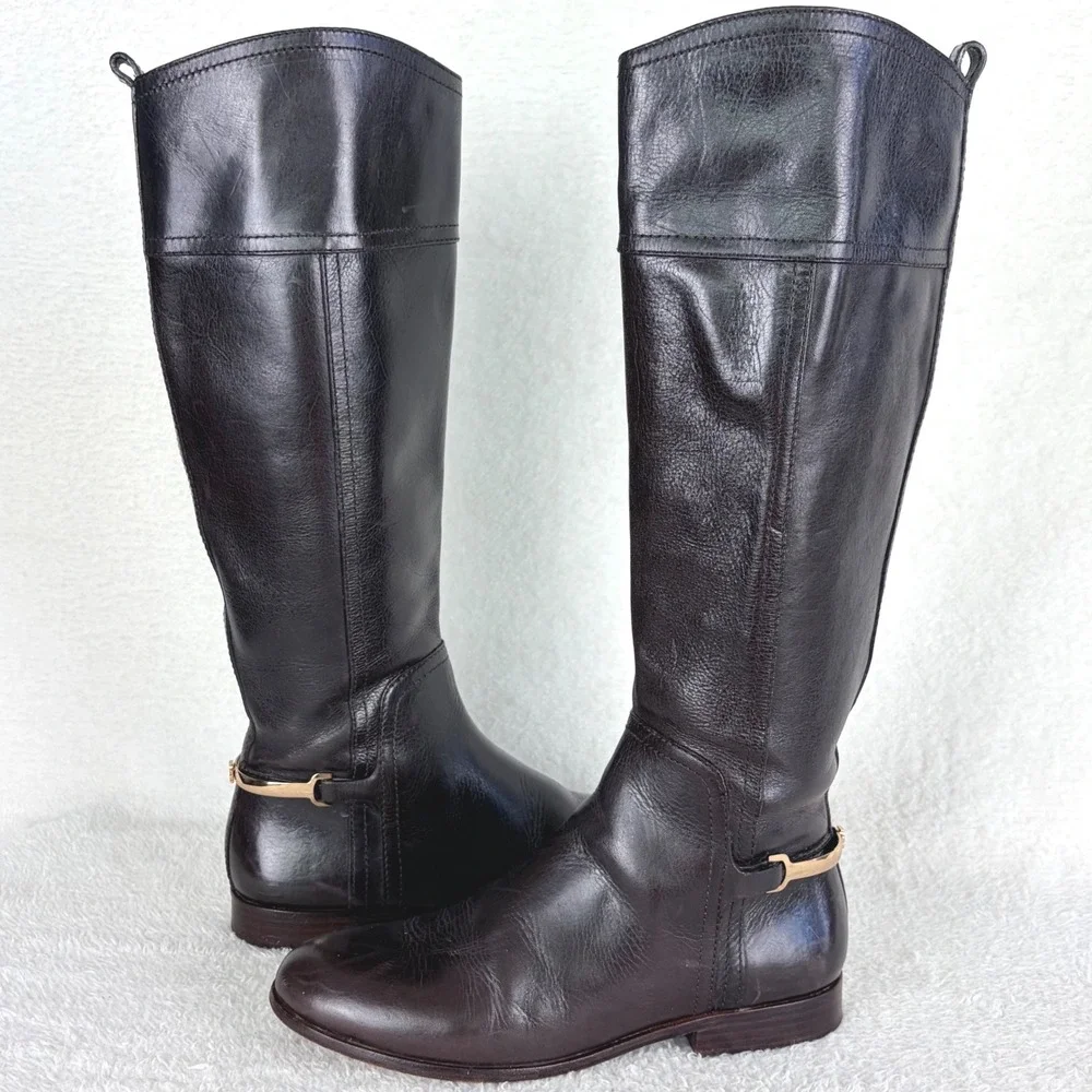 Tory Burch Jess Dark Brown Leather Knee High Riding Boots Gold‎ Horsebit 7.5M